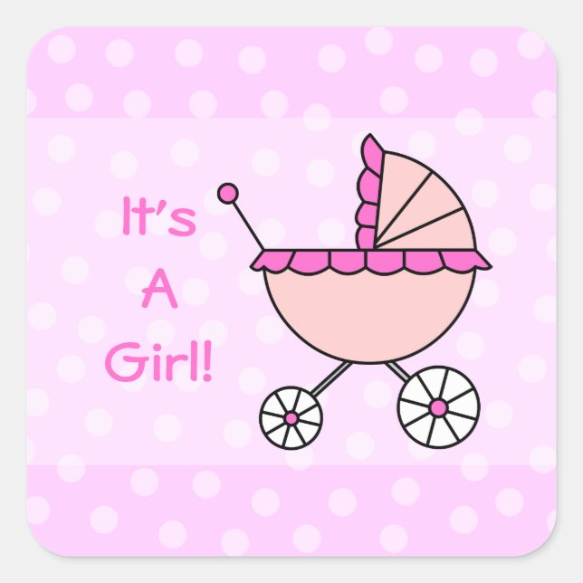 Es ist ein Mädchen! Pink Baby Carriage Quadratischer Aufkleber (Vorderseite)