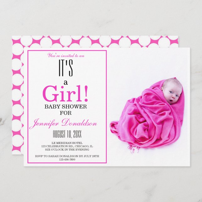 Es ist ein Mädchen! Pink Baby Dusche Foto Einladun Einladung (Vorne/Hinten)