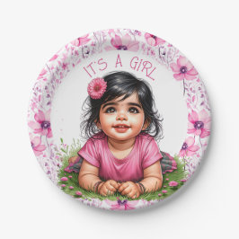 Es ist ein Mädchen | Pink Floral Girl's Baby Showe Pappteller
