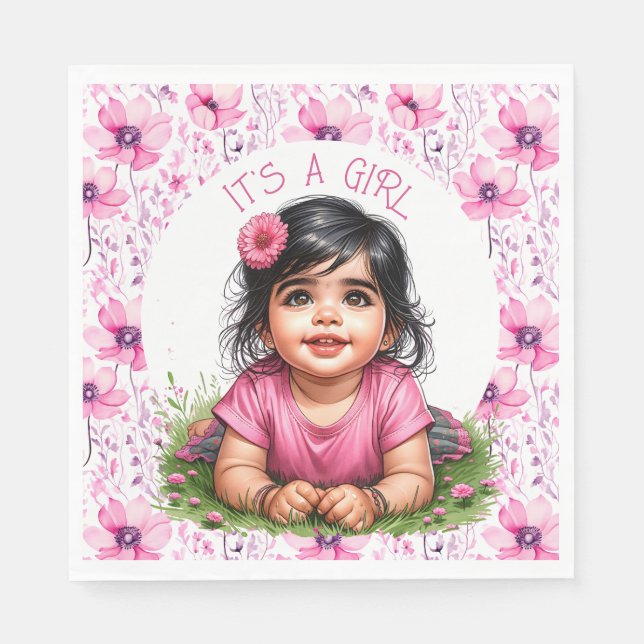 Es ist ein Mädchen | Pink Floral Girl's Baby Showe Serviette (Vorderseite)