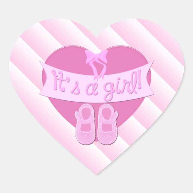 Es ist ein Mädchen Pink Heart Bow Shoes Baby Girl  Herz-Aufkleber (Vorderseite)