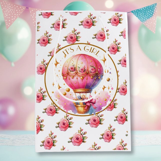 Es ist ein Mädchen | Pink Hot Air Ballon Babydusch Mittlere Geschenktüte (Von Creator hochgeladen)