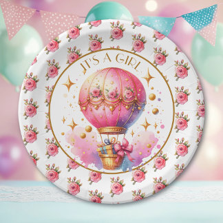 Es ist ein Mädchen | Pink Hot Air Ballon Babydusch Pappteller
