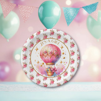 Es ist ein Mädchen | Pink Hot Air Ballon Babydusch Pappteller