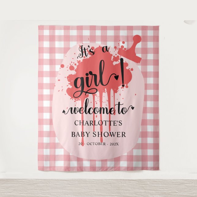 Es ist ein Mädchen! Red Gingham Baby Dusche Hinter Wandteppich (Vorderseite)