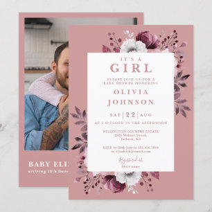 Es ist ein Mädchen Rosa Blumiges Foto QR Code Baby Einladung