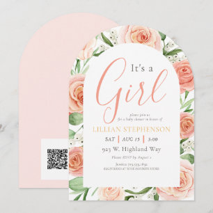 Es ist ein Mädchen - Rosa Florales Baby Shower QR  Einladung