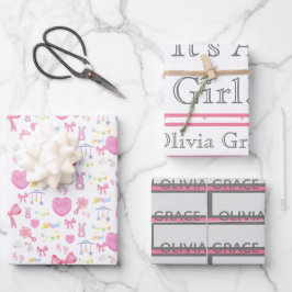 Es ist ein Mädchen rosa Herz Name 3 Geschenkpapier Set