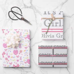 Es ist ein Mädchen rosa Herz Name 3 Geschenkpapier Set