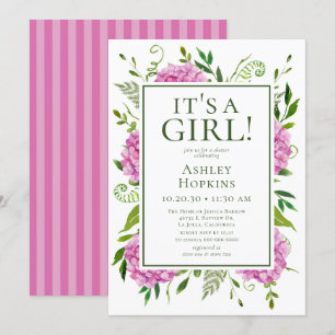 Es ist ein Mädchen Rosa Hortensien Baby Shower Einladung