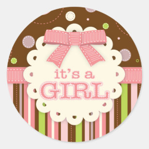 Es ist ein Mädchen-Rosa-u. Grün-Stich-Babyparty Runder Aufkleber