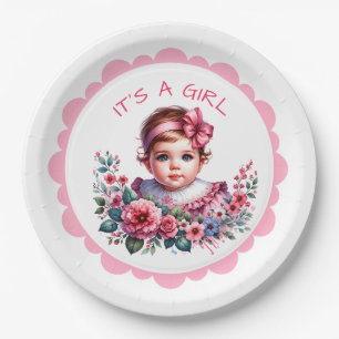 Es ist ein Mädchen Rosa Vintage Babydusche Pappteller