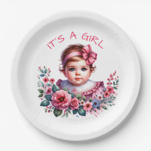 Es ist ein Mädchen Rosa Vintage Babydusche Pappteller
