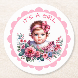 Es ist ein Mädchen   Rosa Vintage Babydusche Runder Pappuntersetzer