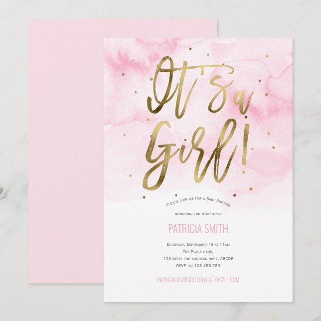 Es ist ein Mädchen, rosa, Wasserfarbe, Baby Girl D Einladung (Vorne/Hinten)