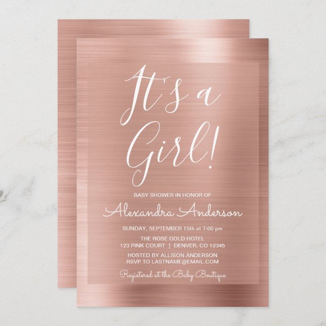 Es ist ein Mädchen! - Rose Gold Foil Babydusche Einladung (Vorne/Hinten)