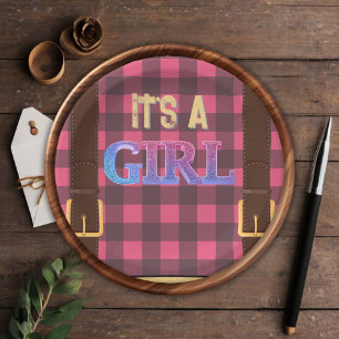 Es ist ein Mädchen Rustic Lumberjack Flannel Baby Pappteller