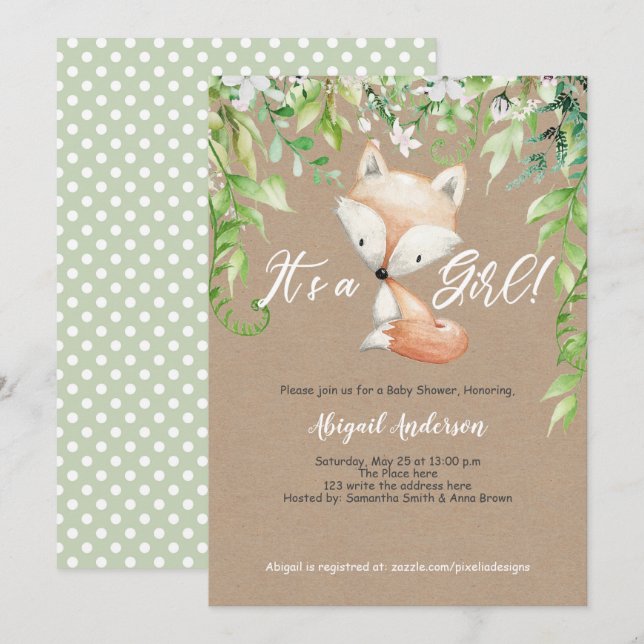 Es ist ein Mädchen, rustikal, Wald, Grün, Babydusc Einladung (Vorne/Hinten)