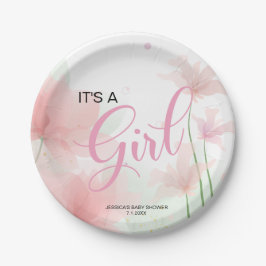 Es ist ein Mädchen Soft Blush Rosa Blumen Pappteller