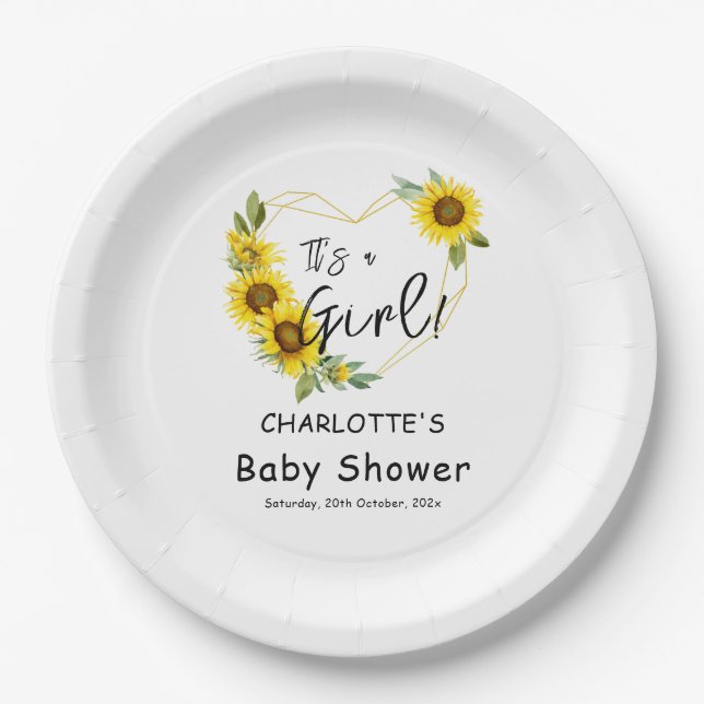 Es ist ein Mädchen! Sonnenblumen Frame Baby Dusche Pappteller (Vorderseite)
