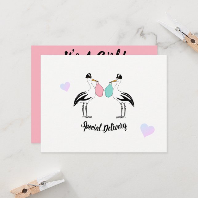 Es ist ein Mädchen Stork Delivery Baby Sprinkle Einladung (Vorderseite/Rückseite Beispiel)