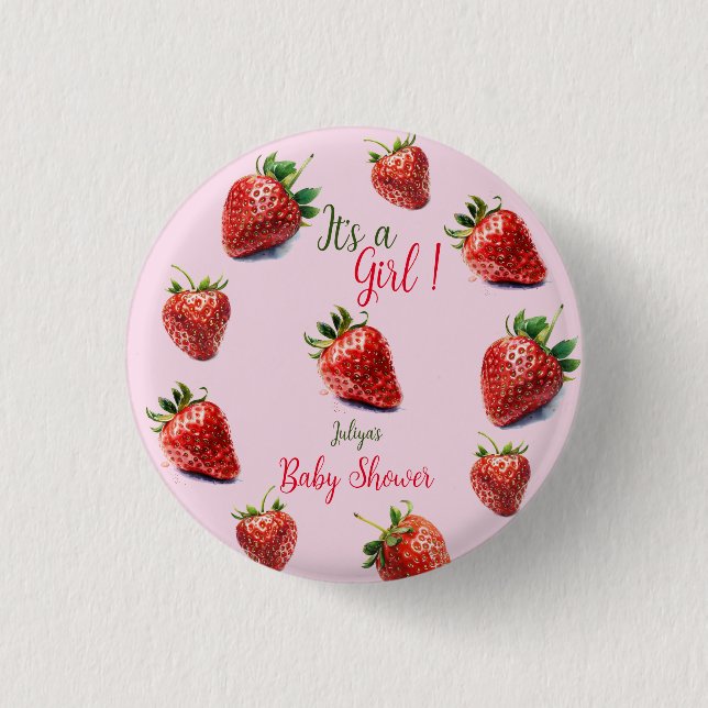 Es ist ein Mädchen Strawberry Babydusche Button (Vorderseite)