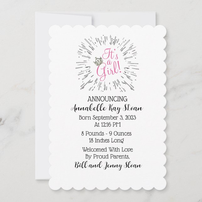 "Es ist ein Mädchen!" Tiara Baby Ankündigungen (Vorderseite)