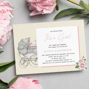Es ist ein Mädchen Vintage-Kinderwagen und Rosen B Einladung
