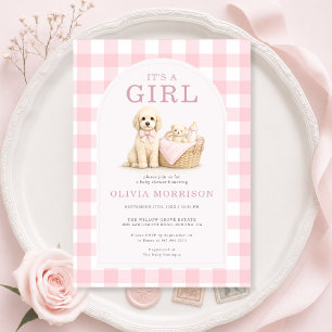 Es ist ein Mädchen-Welpen-Hunde-Karo-Baby-Shower Einladung
