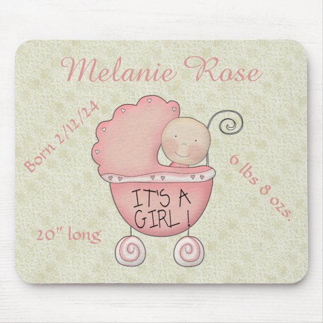 Es ist ein Mädchen! Whimsisches Pink Baby Carriage Mousepad (Vorne)
