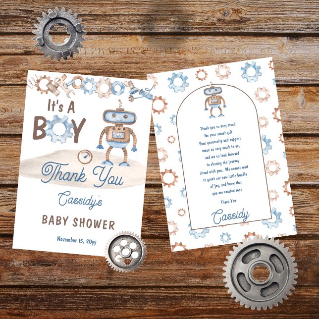 Es ist ein Niedlicher Junge blau | Greige Robot Ba Dankeskarte (It's A Boy Cute Blue and Greige Robot Baby Shower Thank You Card)