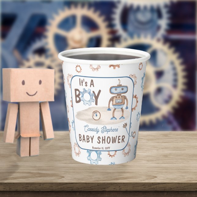 Es ist ein Niedlicher Junge blau | Greige Robot Ba Pappbecher (It's A Boy Cute Blue and Greige Robot Baby Shower Paper Cups)