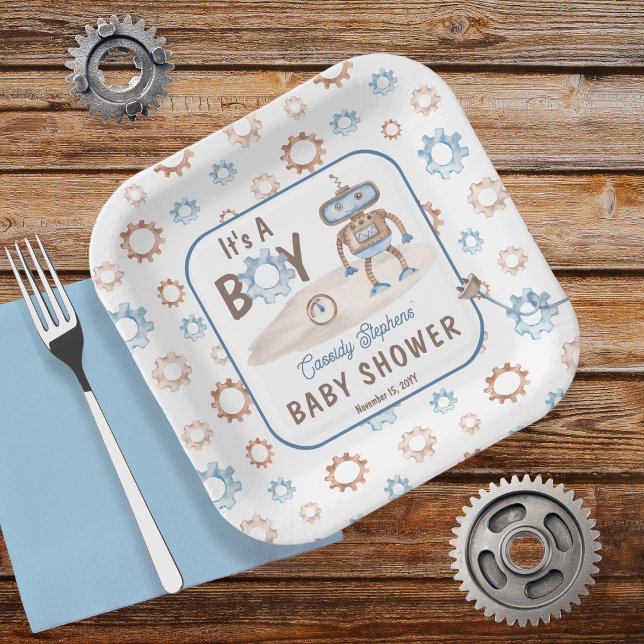 Es ist ein Niedlicher Junge blau | Greige Robot Ba Pappteller (Blue, greige and white "It's A Boy" Cute Robot-Themed Baby Shower Paper Plates)