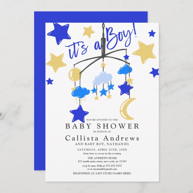 Es ist eine Baby-Baby-Dusche auf Boy-Moon-Stars-Cr Einladung (Vorne/Hinten)