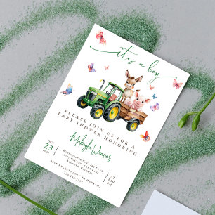 Es ist eine Baby-Baby-Dusche für Boy Tractor. Einladung