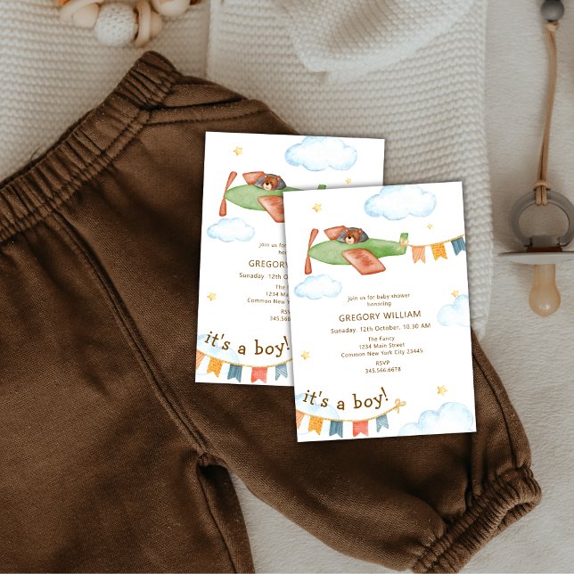 Es ist eine Baby-Babydusche für Boy Bear Einladung (It's A Boy Bear Airplane Baby Shower Invitation)