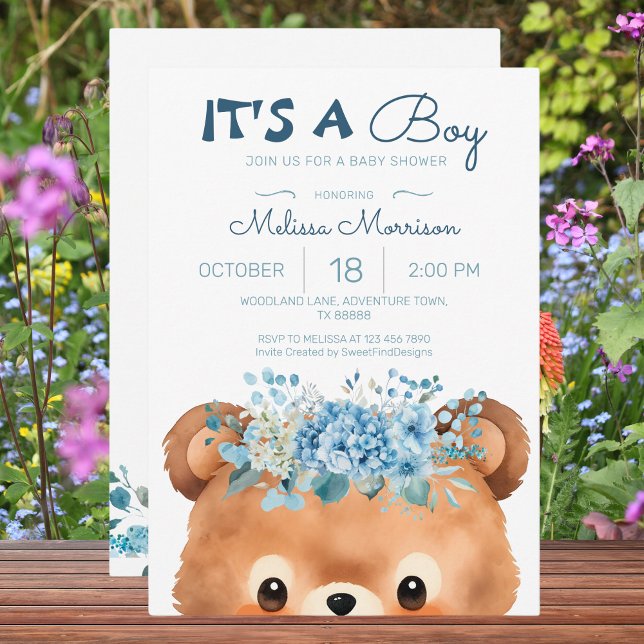 Es ist eine Baby-Bärenblauer-Baby-Dusche Einladung (It's a boy Bear Floral Blue Baby Shower Invitation)