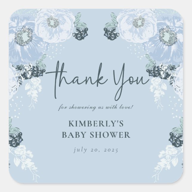 Es ist eine Baby Blue Floral Baby Dusche Quadratischer Aufkleber (Vorderseite)