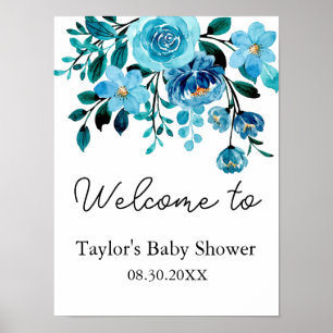 Es ist eine Baby Blue Floral Watercolor Baby Dusch Poster