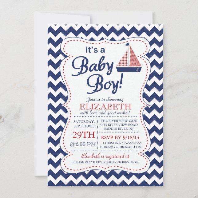 Es ist eine Baby Boy Sailboat Nautical Baby Shower Einladung (Vorderseite)