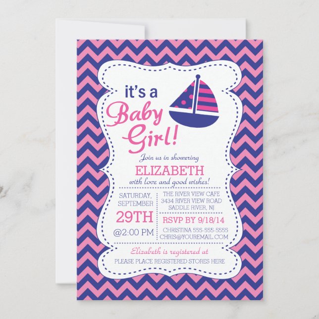 Es ist eine Baby Girl Sailboat Nautical Baby Showe Einladung (Vorderseite)