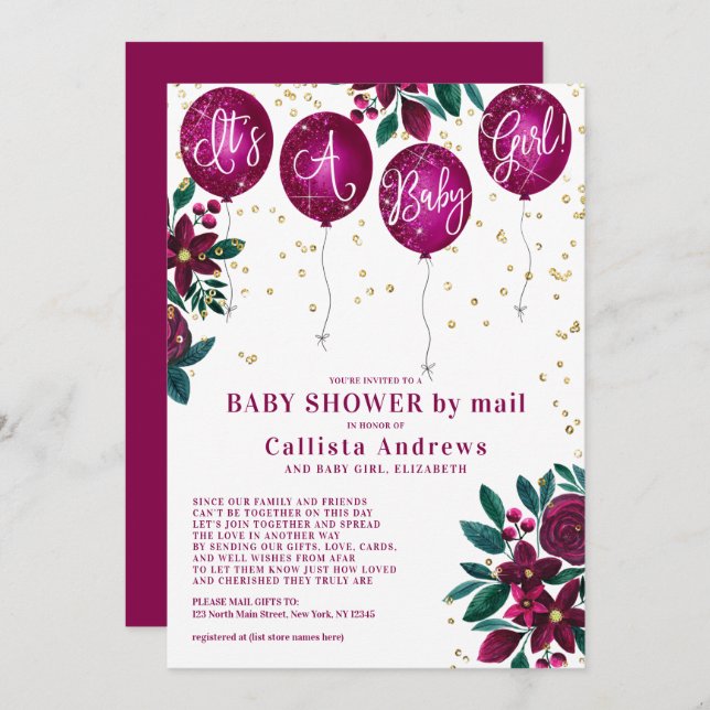 Es ist eine Baby Glitzer Balloons Floral Baby Dusc Einladung (Vorne/Hinten)