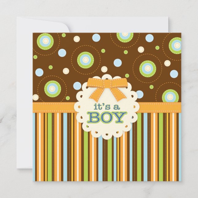 Es ist eine Baby Orange & Blue Stitches Babydusche Einladung (Vorderseite)