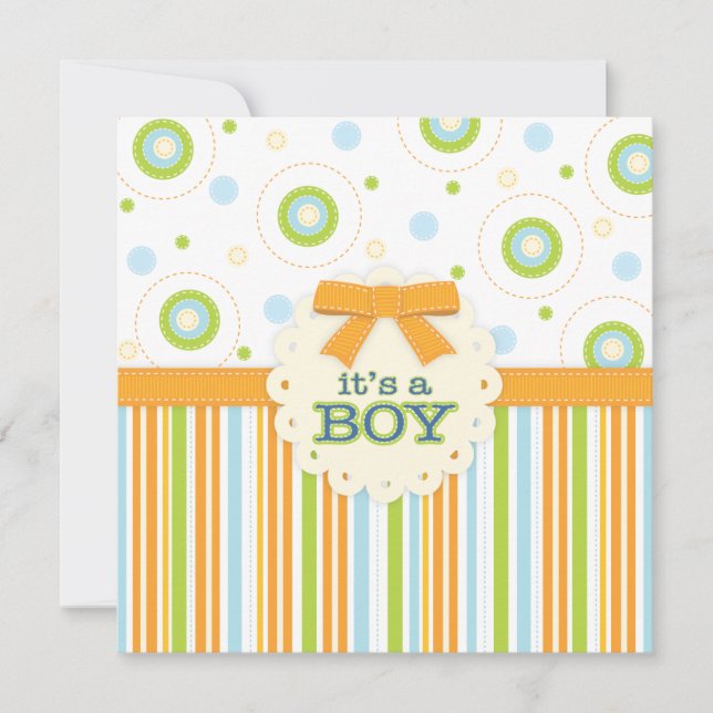 Es ist eine Baby Orange & Blue Stitches Babydusche Einladung (Vorderseite)