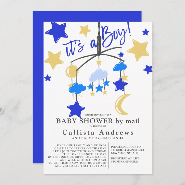 Es ist eine Babydusche von Boy Moon Stars per Mail Einladung (Vorne/Hinten)