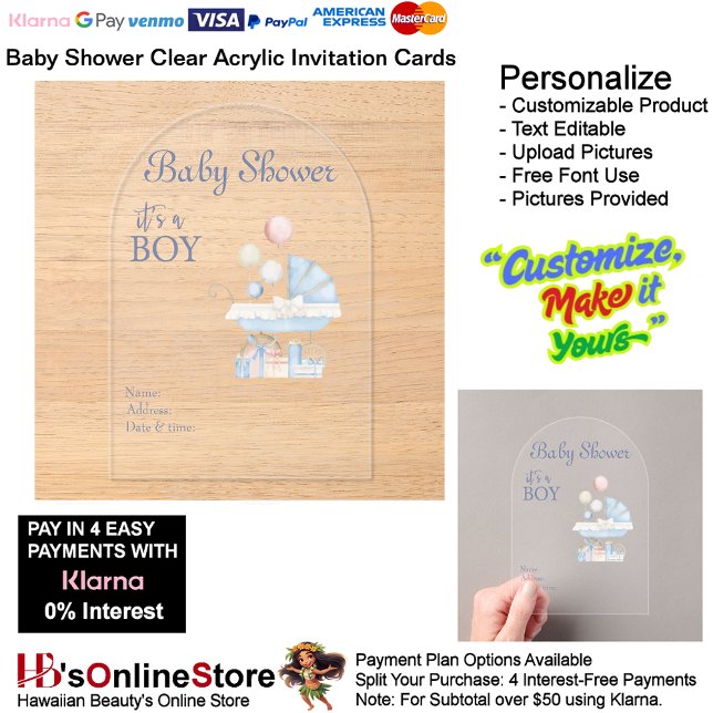 Es ist eine Boy Baby Shower Invitation Card 16 Acryleinladungen (Boy's Baby Shower Birth Party Supplies Celebrate Clear Acrylic Invitations 16.)