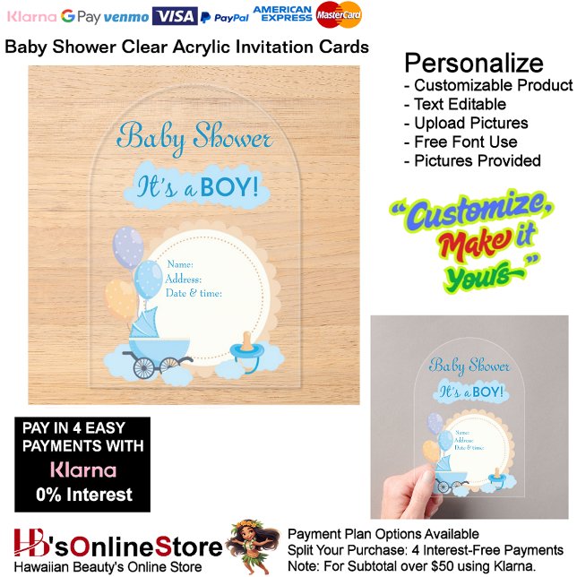 Es ist eine Boy Baby Shower Invitation Card 17 Acryleinladungen (Boy's Baby Shower Birth Party Supplies Celebrate Clear Acrylic Invitations 17.)