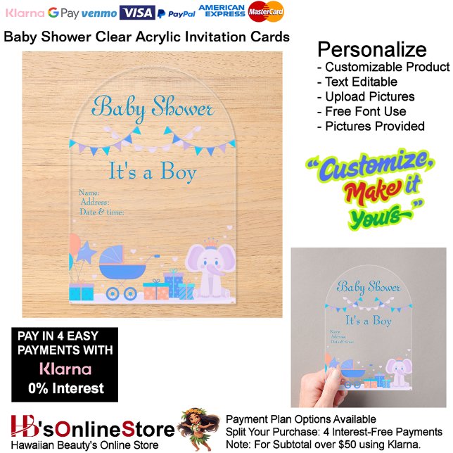 Es ist eine Boy Baby Shower Invitation Card 18 Acryleinladungen (Boy's Baby Shower Birth Party Supplies Celebrate Clear Acrylic Invitations 18.)
