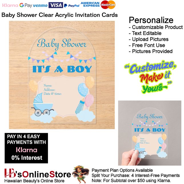 Es ist eine Boy Baby Shower Invitation Card 19 Acryleinladungen (Boy's Baby Shower Birth Party Supplies Celebrate Clear Acrylic Invitations 19.)