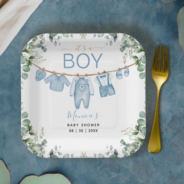 Es ist eine Boy Blue Boho Kleidung Greenery Baby D Pappteller (It’s a Boy Blue Boho Clothes Greenery Baby Shower Paper Plates)